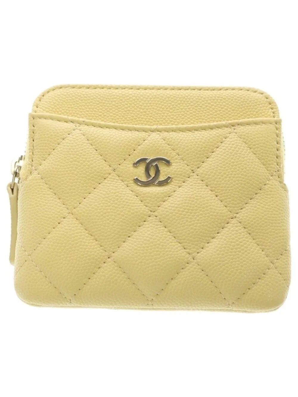 Chanel Quilted CC Logo Zip Coin Purse Caviar Leather Gold Yellow